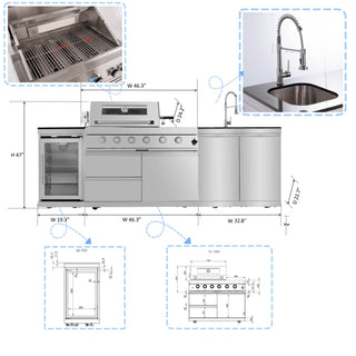 Silver - 3PC 304 Stainless Steel Modular Outdoor Kitchen with 4 - Burner Grill - homecabinets