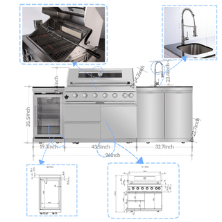 Silver - 3PC 304 Stainless Steel Modular Outdoor Kitchen with 6 - Burner Grill - homecabinets