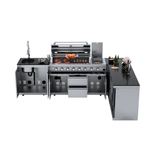 Silver - 5PC L - Shaped 304 Stainless Steel Modular Outdoor Kitchen with 6 - Burner Grill - homecabinets