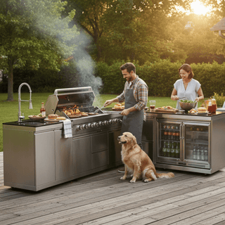 Silver - 5PC L - Shaped 304 Stainless Steel Modular Outdoor Kitchen with 6 - Burner Grill - homecabinets