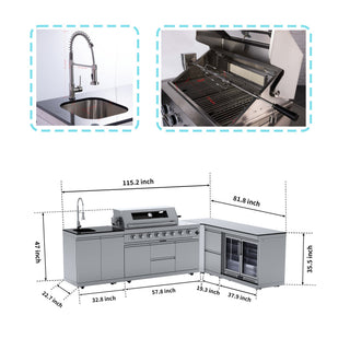 Silver - 5PC L - Shaped 304 Stainless Steel Modular Outdoor Kitchen with 6 - Burner Grill - homecabinets
