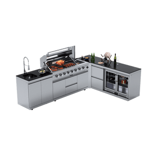 Silver - 5PC L - Shaped 304 Stainless Steel Modular Outdoor Kitchen with 6 - Burner Grill - homecabinets