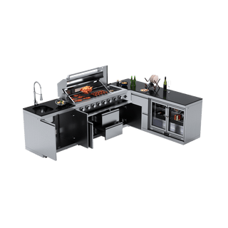 Silver - 5PC L - Shaped 304 Stainless Steel Modular Outdoor Kitchen with 6 - Burner Grill - homecabinets